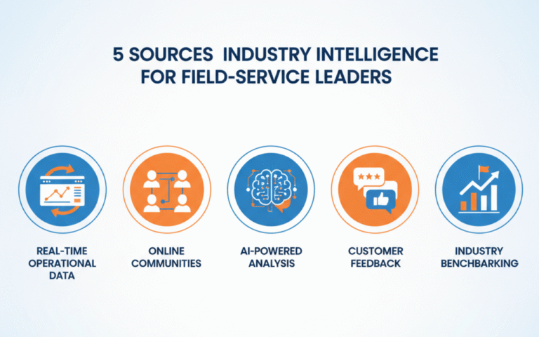 Infographic showing 5 sources of intelligence for field-service leaders, including real-time operational data, online communities, AI-powered market analysis, customer feedback, and industry benchmarking
