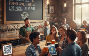 Craft brewery marketing strategies: customers enjoying beer in a taproom, brewer engaging with guests, showcasing community and digital marketing integration
