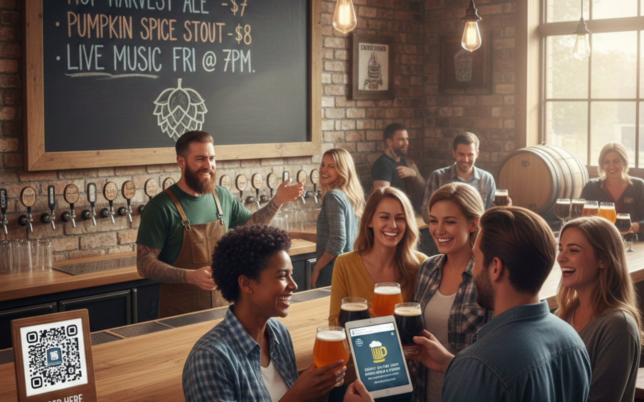 Craft brewery marketing strategies: customers enjoying beer in a taproom, brewer engaging with guests, showcasing community and digital marketing integration