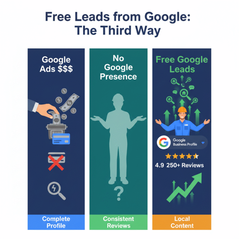 Infographic showing how HVAC contractors get free leads from Google using local SEO, Google Business Profile optimization, and customer reviews