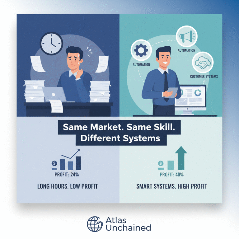 Infographic showing key strategies for pole-barn contractor profitability, including lead generation, value-based pricing, operational efficiency, automation, and customer referral systems to increase revenue and business growth