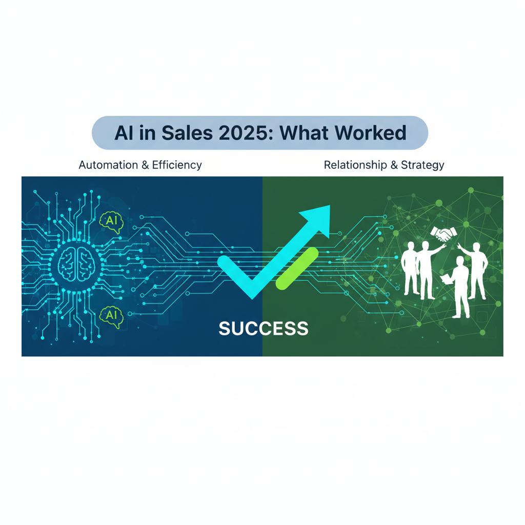 Infographic explaining AI in sales 2025, highlighting effective strategies such as lead scoring, personalized outreach, forecasting, and customer insights.