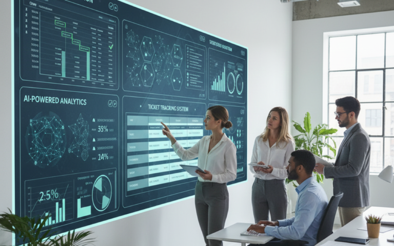 Modern office team collaborating with AI Enterprise Service Management dashboard showing workflow automation, analytics, and ticket tracking for improved business efficiency