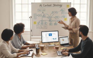 Team planning content strategy to optimize for LLMs and AI search