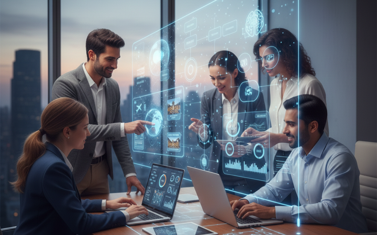 Small business team collaborating with AI-powered workflow automation, predictive analytics, and digital dashboards showing human-AI partnership