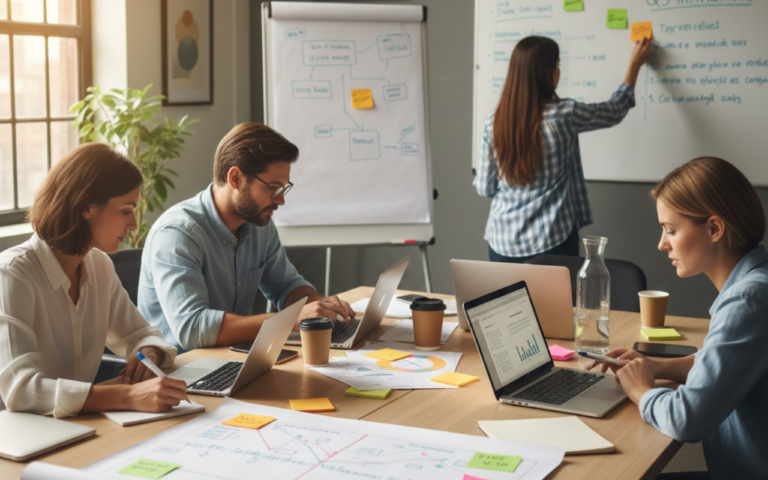 Small business team collaborating on a project plan with laptops, charts, and sticky notes, applying project completion strategies to ensure accountability and structured execution.