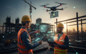 Construction site in 2026 with workers using tablets and AR glasses, AI-powered digital overlays, and a drone surveying the jobsite