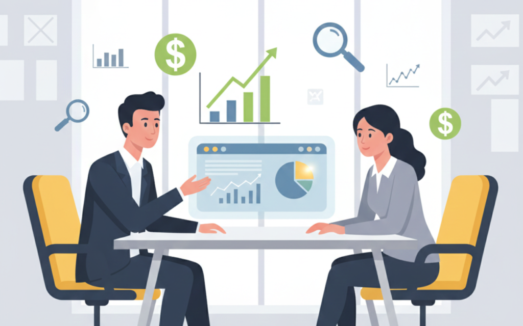 Conceptual illustration of a business consultant and client discussing consulting pricing strategies with charts, graphs, and dollar signs floating around