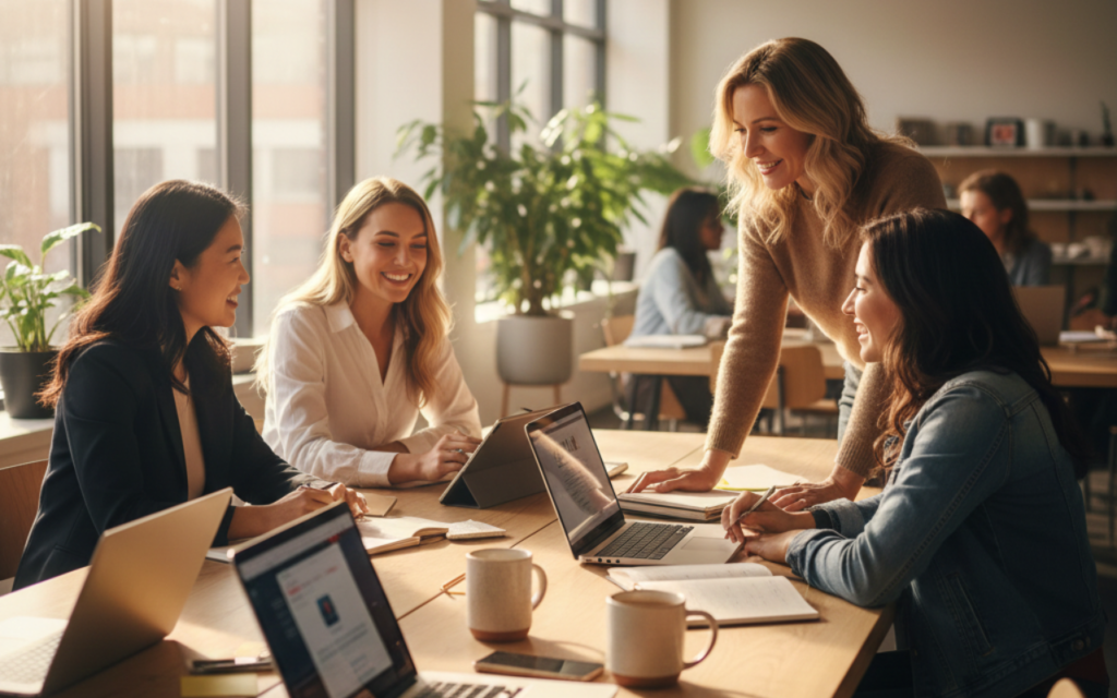 Diverse women entrepreneurs collaborating and networking in a modern workspace, smiling and engaged with laptops, notebooks, and coffee