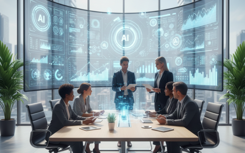 AI enterprise software in action showing intelligent dashboards, machine learning analytics, and automated business processes in 2026