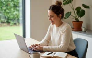Professional at a clean desk, smiling and focused, achieving performance without burnout in a calm workspace