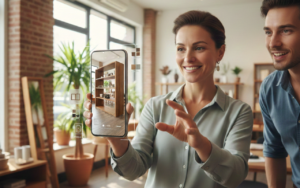 Small business owner using augmented reality on a smartphone to preview furniture and decor in their space – future of the Metaverse for small business 2026