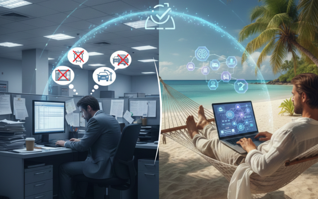 Person working on a laptop at a beach café with AI automation icons overlay, representing AI-enabled remote work in 2026