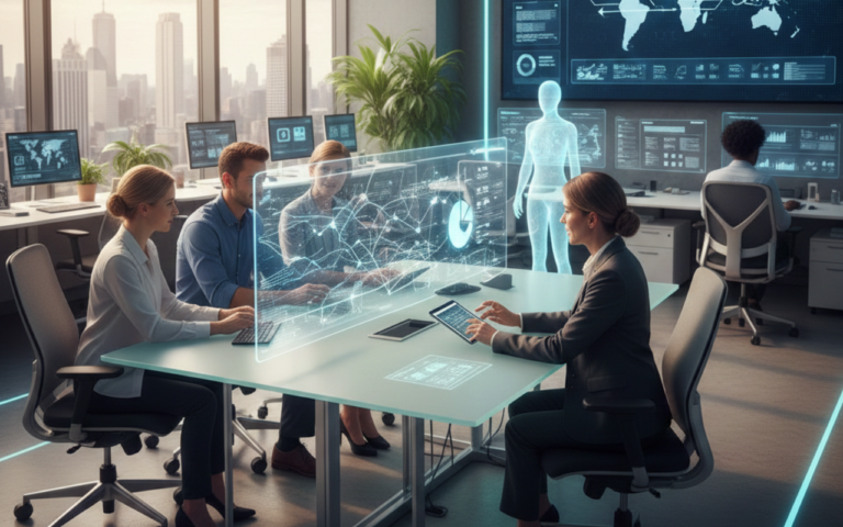 Modern office scene showing humans and AI collaborating seamlessly, with a team leader at a desk, digital dashboards, holographic graphs, and professionals making strategic decisions in a bright, clean workspace