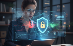 Small business owner monitoring AI-driven cybersecurity dashboard with holographic network, glowing padlocks, and digital shields detecting AI cybersecurity threats 2026 automatically