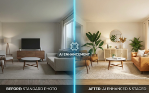 AI photo enhancement for real estate listing showing before and after of home staging in Orange County