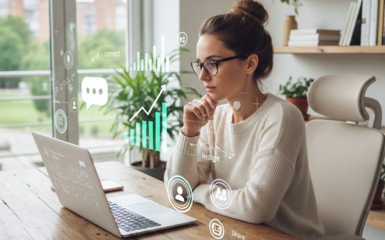 Small business owner at a modern desk using AI in social media marketing, with digital overlays of chatbots, analytics charts, and social media icons in a bright professional office
