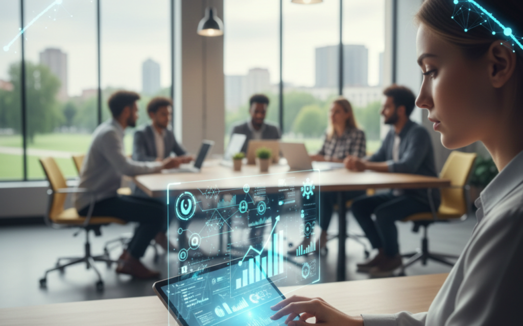 Business professional using a tablet in a modern workspace with AI and digital transformation icons overlay, representing a business reinvention strategy for 2026