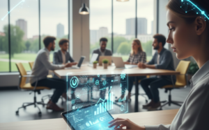 Business professional using a tablet in a modern workspace with AI and digital transformation icons overlay, representing a business reinvention strategy for 2026