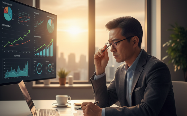 Interim CEO reviewing financial and operational reports to improve business performance