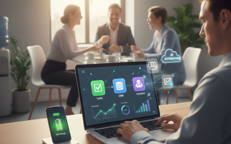 Workspace showing a laptop and smartphone with streamlined apps, productivity dashboard, and AI tools for digital optimization in small business, 2026