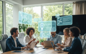 Employees collaborating in an office with AI assistant icons assisting their workflow, highlighting ethical AI productivity and teamwork