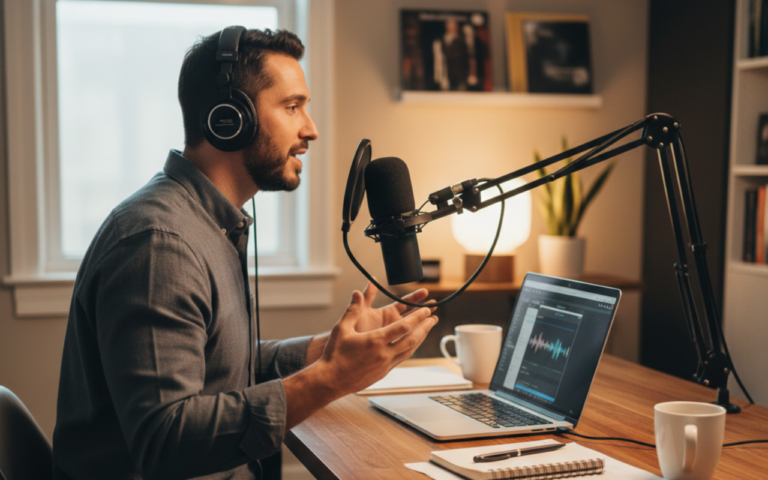 Small business owner speaking into a podcast microphone with headphones and laptop, demonstrating podcast guesting for business growth and building brand authority