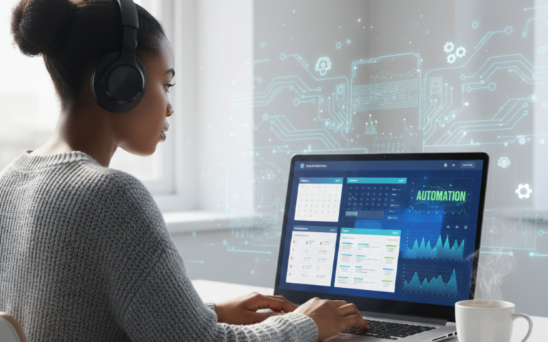 Small business owner using time-saving technologies for business 2026, automating workflows and managing tasks with productivity software