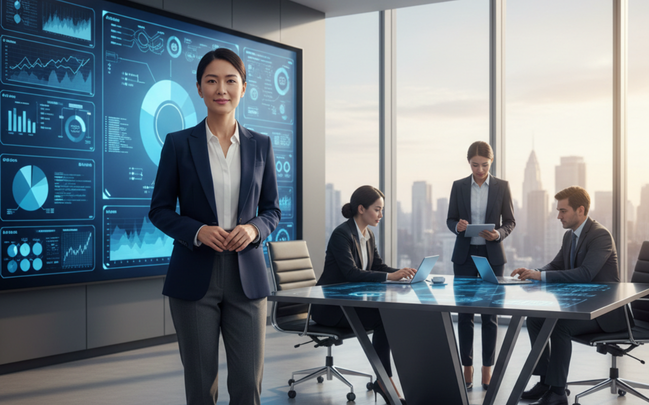 Confident CIO standing in a modern office with digital dashboards, leading a collaborative team, representing strategic IT leadership and revenue-focused business growth