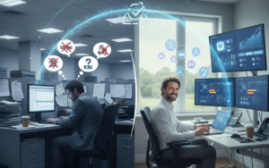 Split-screen showing a stressed IT Manager using outdated tools on the left, and the same IT Manager confidently using AI dashboards and real-time analytics on the right, illustrating behavioral intent B2B SaaS personas
