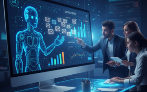 AI SDR results dashboard on a laptop screen showing automated email outreach, lead generation charts, and AI-powered sales insights with human sales team collaboration.