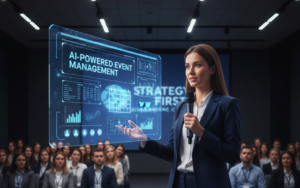 Event planner managing corporate event with AI-powered dashboards showing strategic change management tools
