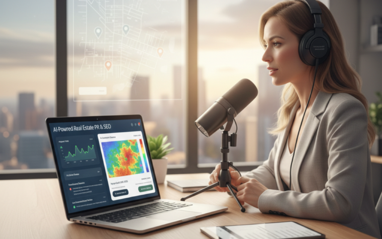 Real estate professional analyzing AI-driven local market data to secure high-authority SEO backlinks and implement authority-led link building