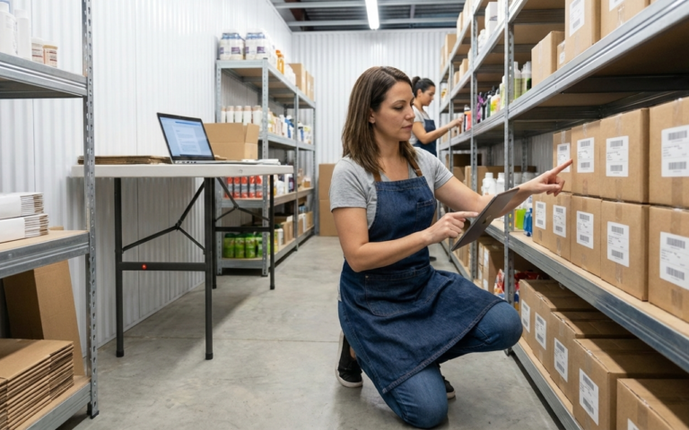 Small business owner organizing inventory in a storage unit to improve business efficiency and declutter office space