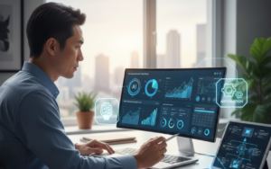 Small business owner analyzing automated business workflows on a desktop and tablet