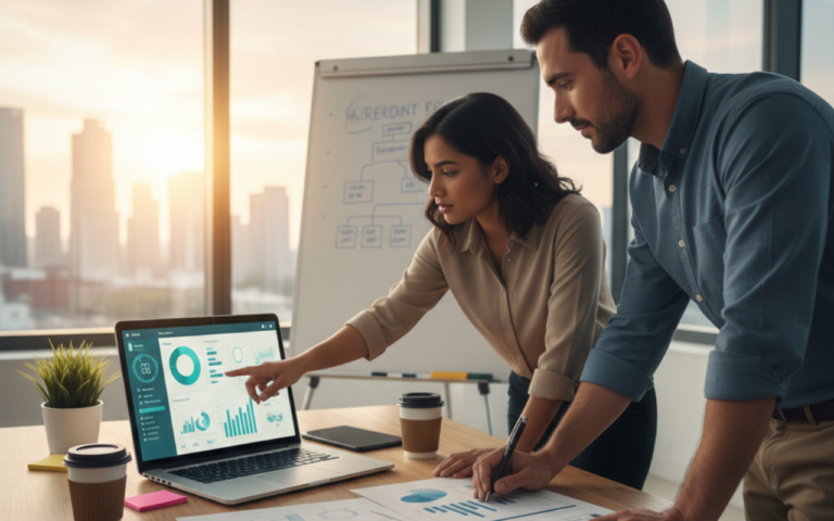 Small business team planning strategy with charts, laptop, and tools to drive growth and informed decision-making