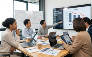 Small business leadership team in a crisis meeting executing a business crisis strategy, analyzing charts and dashboards to make critical decisions