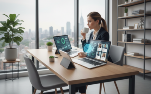 Recruiter using AI-powered tools on a laptop to analyze candidate profiles, skill scores, and data dashboards, illustrating the AI candidate journey