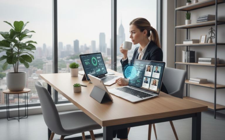 Recruiter using AI-powered tools on a laptop to analyze candidate profiles, skill scores, and data dashboards, illustrating the AI candidate journey