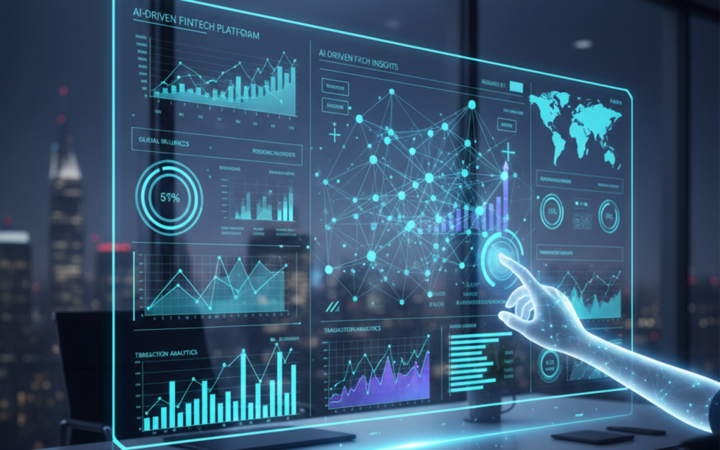 Futuristic AI-powered fintech dashboard displaying analytics, charts, and digital banking interfaces for 2026 predictions