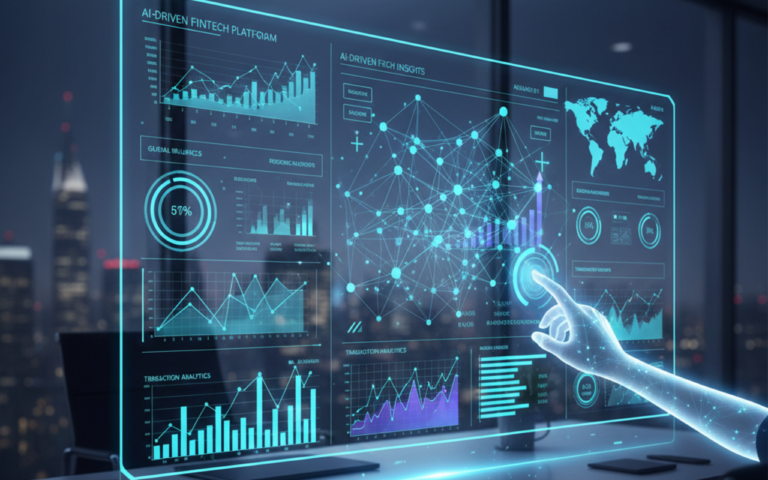 Futuristic AI-powered fintech dashboard displaying analytics, charts, and digital banking interfaces for 2026 predictions