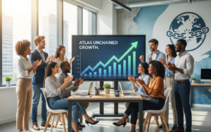 A dynamic Atlas Unchained team collaborating in a modern office, using AI tools to drive small business growth and strategic planning