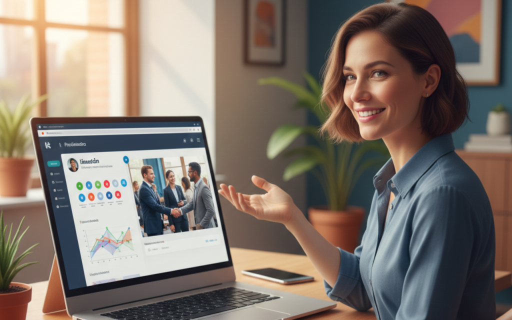 Small business owner using a laptop to manage LinkedIn connections and digital networking while preparing for an in-person networking event, illustrating hybrid networking strategies for small business