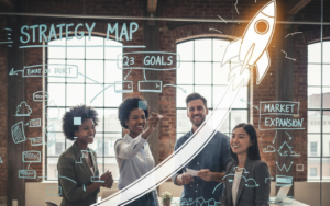 Business team brainstorming and mapping strategy – entrepreneur’s guide to strategic growth