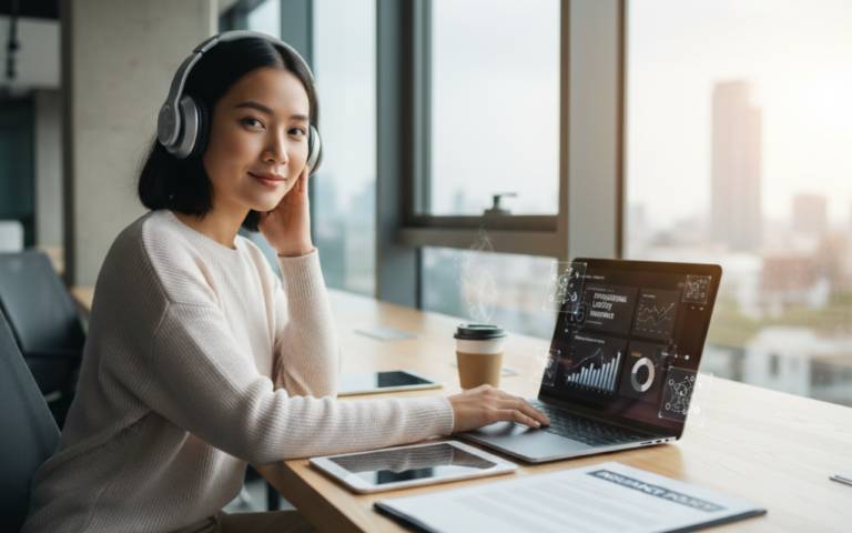 Freelance professional working at a office with gig worker insurance documents, highlighting business protection and growth opportunities