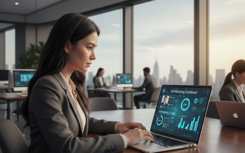 The future of technical hiring in the age of AI showing a recruiter using an AI-powered hiring dashboard