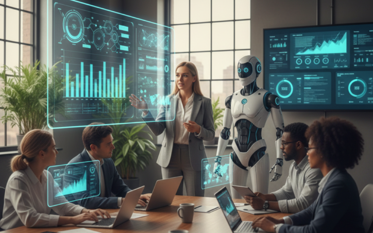A modern office with a business leader standing in front of AI-powered digital dashboards, holographic charts, and automation pipelines, while a diverse team collaborates remotely and in-person, illustrating Leadership Training 2026 and human-AI synergy