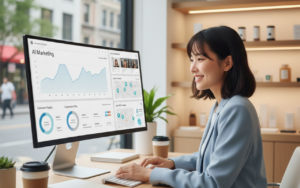 Small business owner using AI dashboards to track marketing trends and local growth strategies in 2026