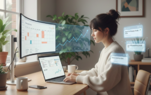 Small business owner working at a clean desk with a laptop, AI-driven content planning overlays showing SEO analytics, blog calendar, and growth charts for marketing blogging in 2026