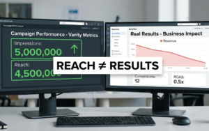 Meta ad efficiency comparison showing high reach and impressions on Meta Ads alongside low conversions and declining ROI